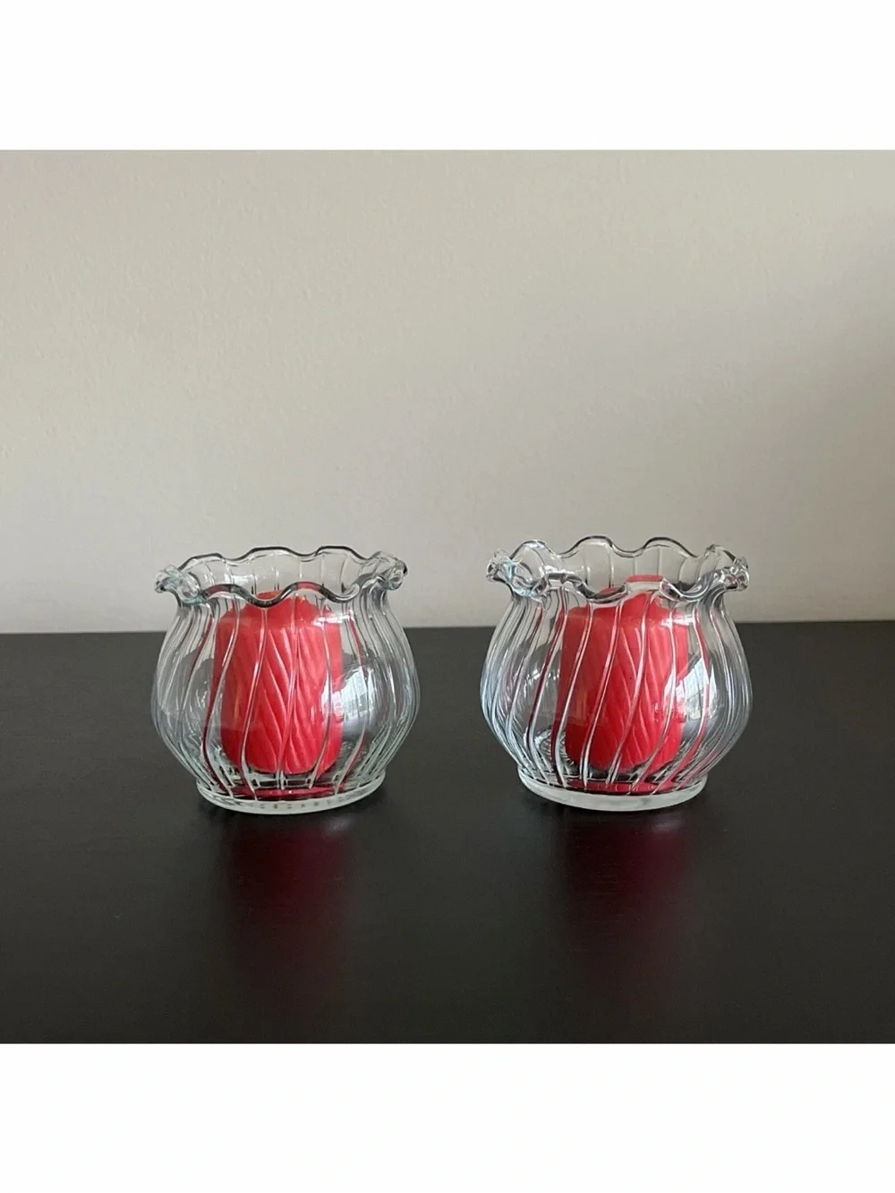 Vintage Glass Candle Holders Vases Tea Lights Red Votives Ribbed Ruffled MCM 2pc